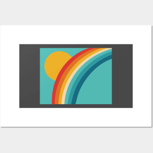 Retro Rainbow with Sun on Pale Blue Background Posters and Art